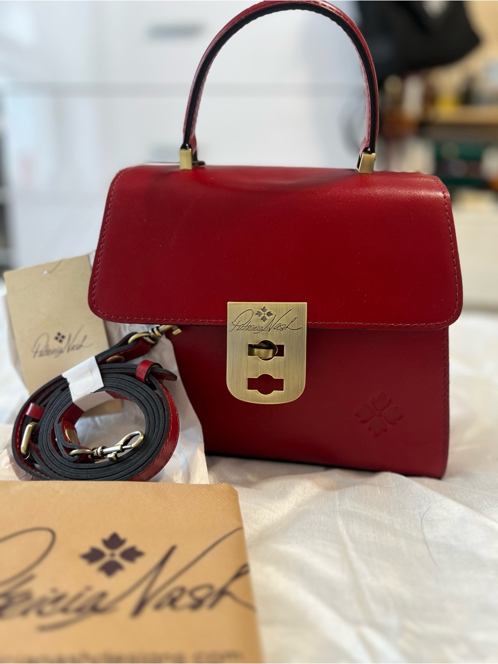 Patricia Nash Chauny Lava  Red Leather Top-Handle Satchel with Gold-Tone Lock